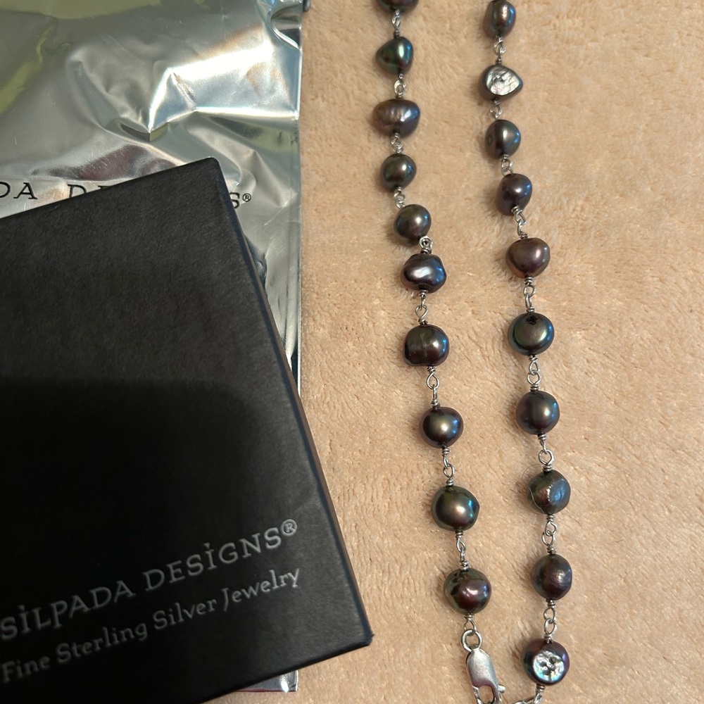 Rare Silpada vTG Dark purple grey pearl Necklace strand with .925 sliver accents